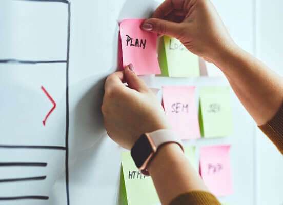 Post-it notes of digital marketing ideas on white board.