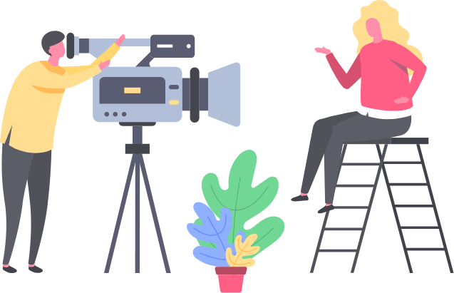 Illustration of man filming woman with video camera.