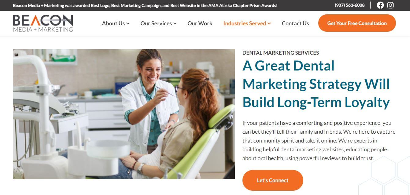 Screenshot of Beacon Media + Marketing's Dental Marketing Services page.
