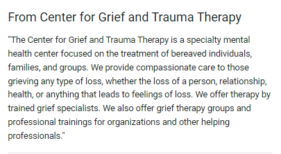 Google My Business listing description from Center for Grief and Trauma Therapy, a mental health practice, for Local SEO