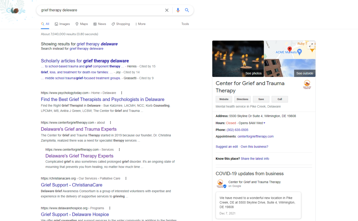 Screenshot of a local SEO mental health practice Google search