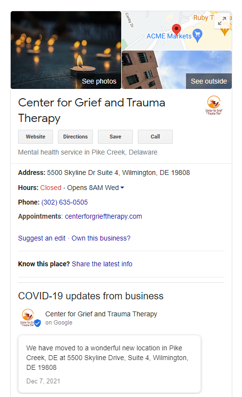 Screenshot of Center for Grief and Trauma Therapy's, a mental health practice, Google My Business