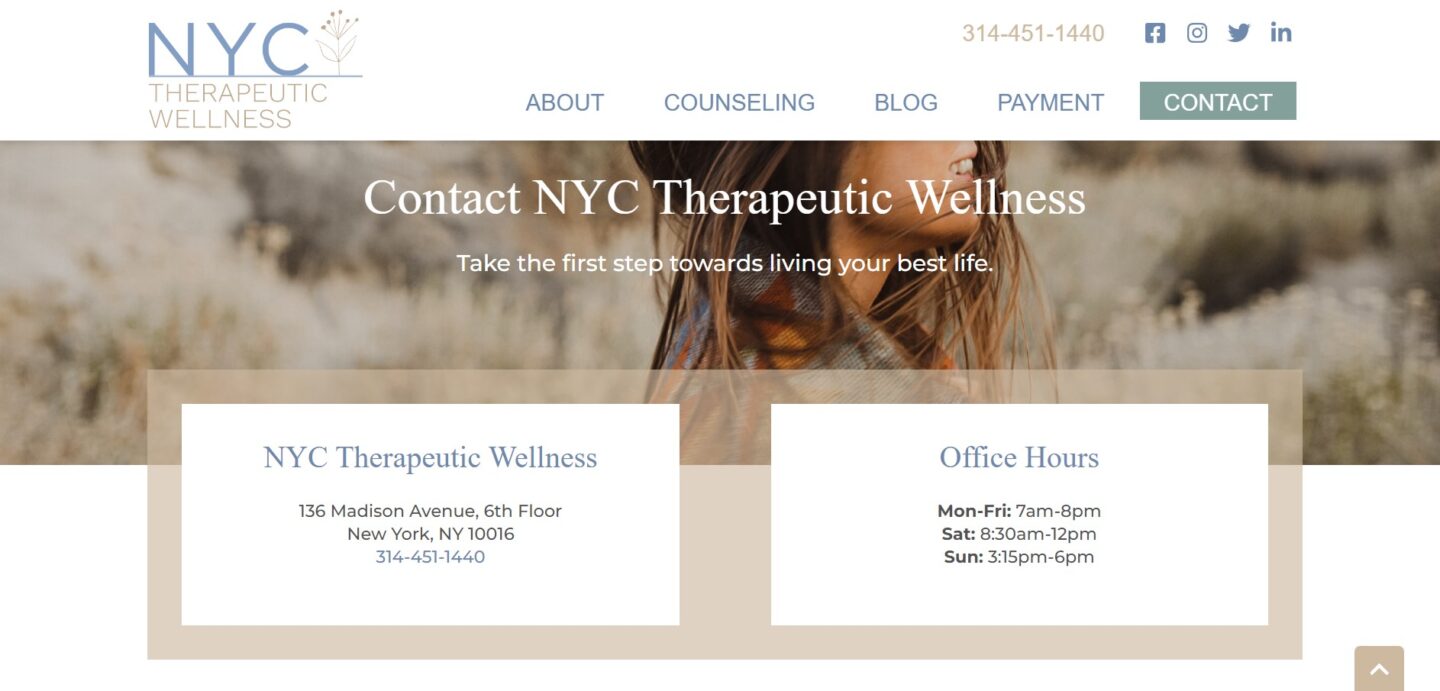 NYC Therapeutic Wellness website contact page screenshot