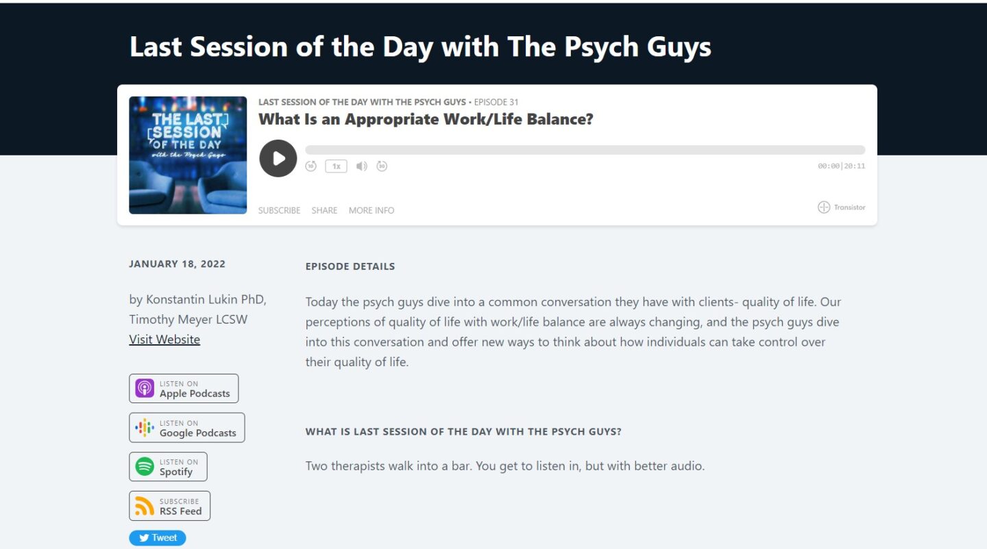 Screenshot from webpage of Last Session of the Day with The Psych Guys podcast from Lukin Center Mental Health Clinic
